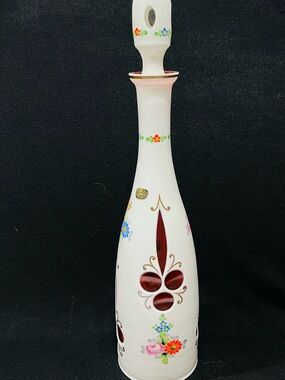 Vintage Bohemia Crystal White Cut to Cranberry Cased Glass Decanter w/Stopper